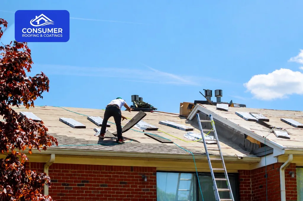 A roofer installing underlayment on a residential roof under a clear blue sky